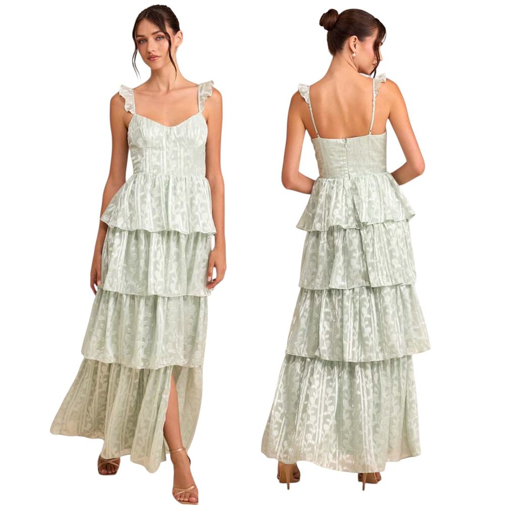 Lulus Stunning Glory Sage Green Floral Jacquard Tiered Maxi Dress size XS NWT